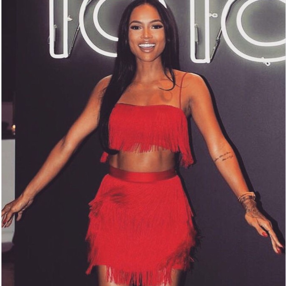 MESHKI Red Sophia Fringe Two-piece Skirt & Crop